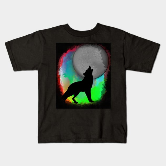 Neon colors wolf howling at the moon Kids T-Shirt by Drawn by Nathally 